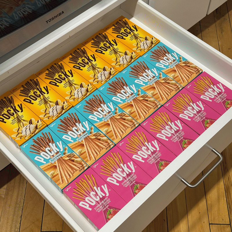 Pocky Banana, Pocky Peanut Butter, and Pocky Strawberry stocking in the kitchen drawer